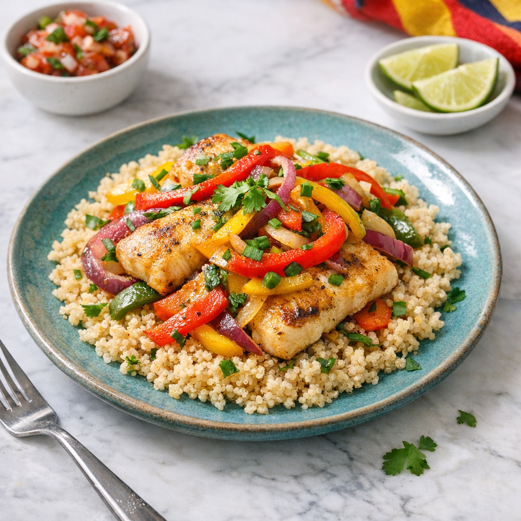 A colorful plate showcasing seared fish on a bed of fluffy quinoa, garnished with vibrant bell peppers and fresh herbs.