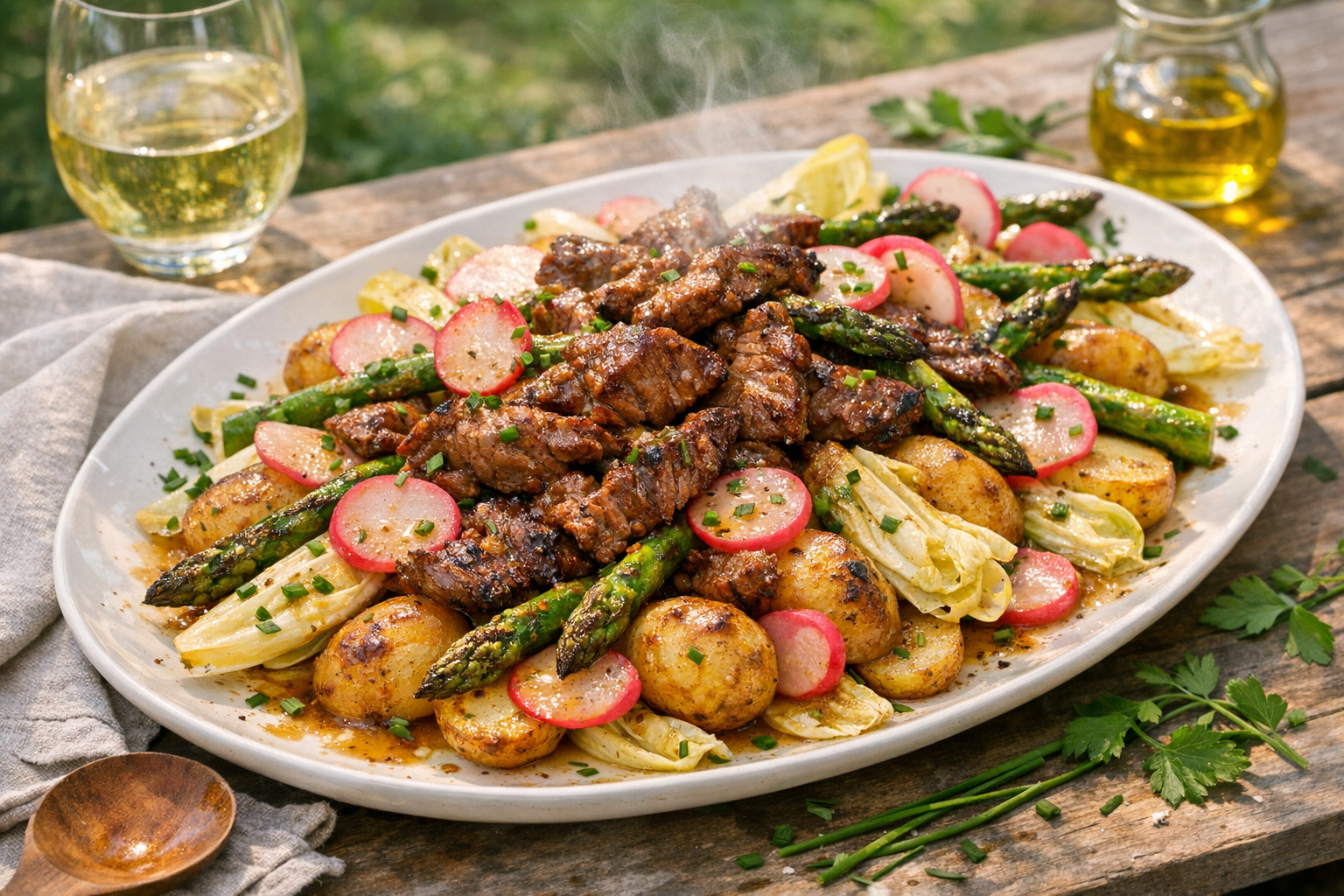 Charred asparagus and glossy seared beef tumble over golden-edged new potatoes and pale endive, dotted with pink radishes and chives, glossed with mustard dressing on a wide white platter.